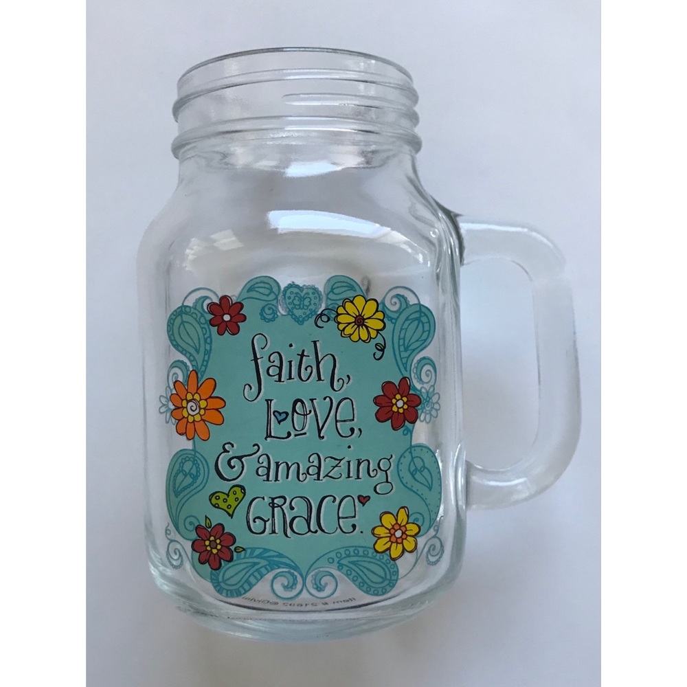 Old Fashion Drinking Glass Jar Mug 20 oz Faith Love & Amazing Grace